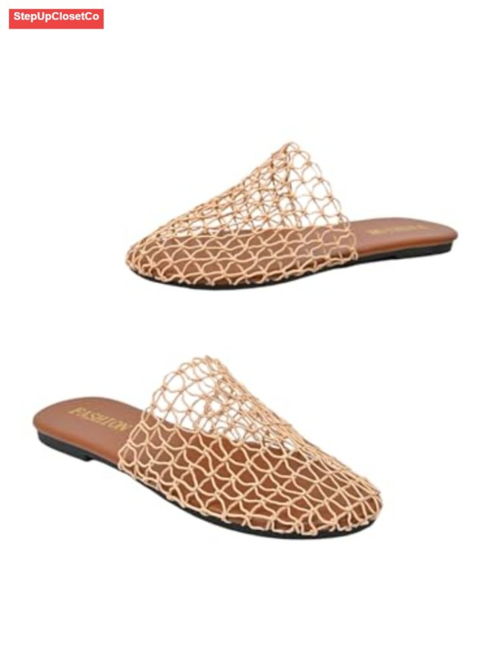 Faux Leather Fishnet Mesh Slip On Flat Sandals Closed Toe Summer Shoes